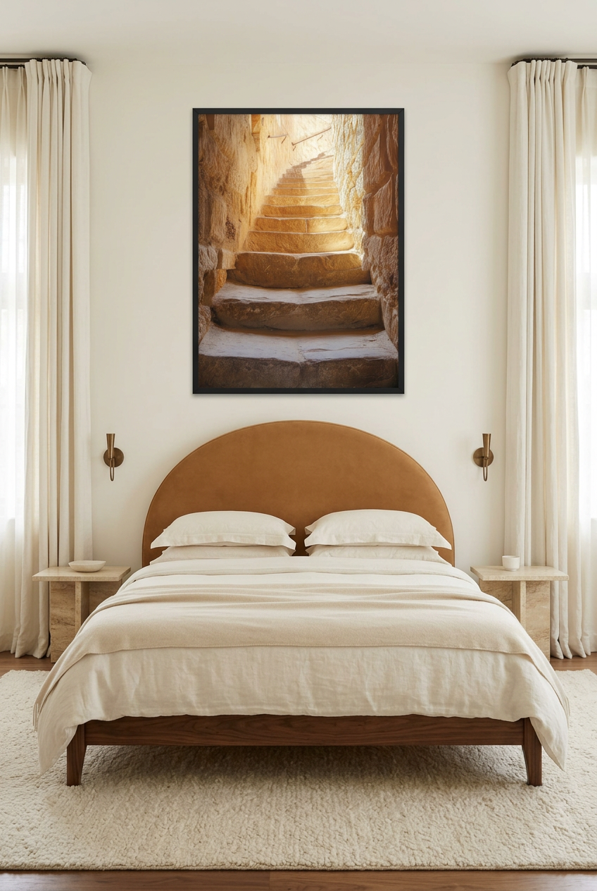 Rumo à Luz — poster com moldura preta num quarto