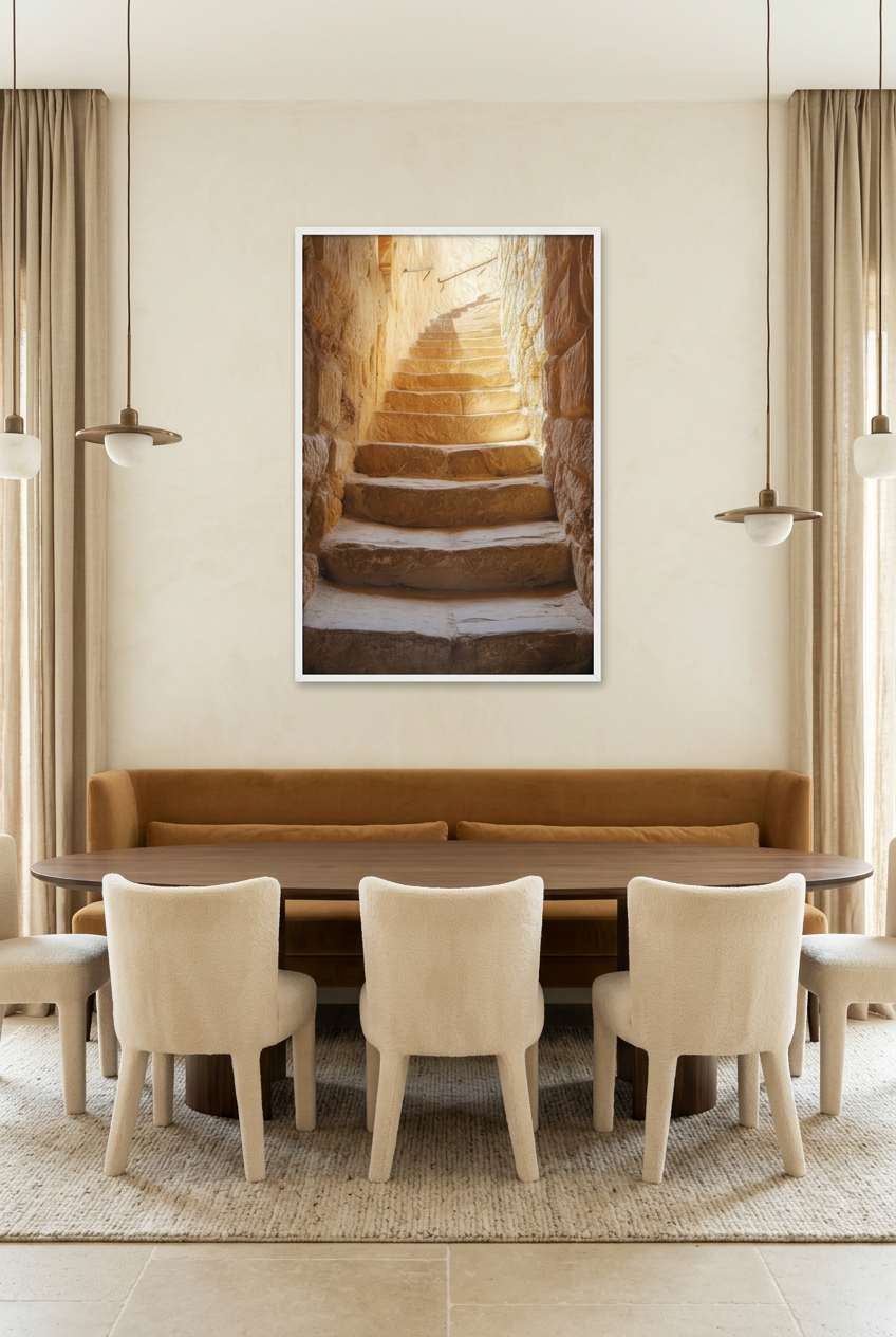 Rumo à Luz — poster com moldura branca numa sala de jantar
