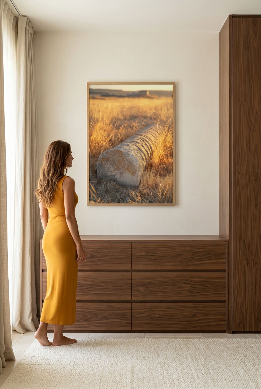 Golden Remains — woman in front of the poster in an oak frame