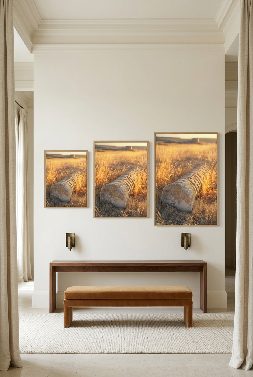 Golden Remains — three sizes of the poster in oak frames