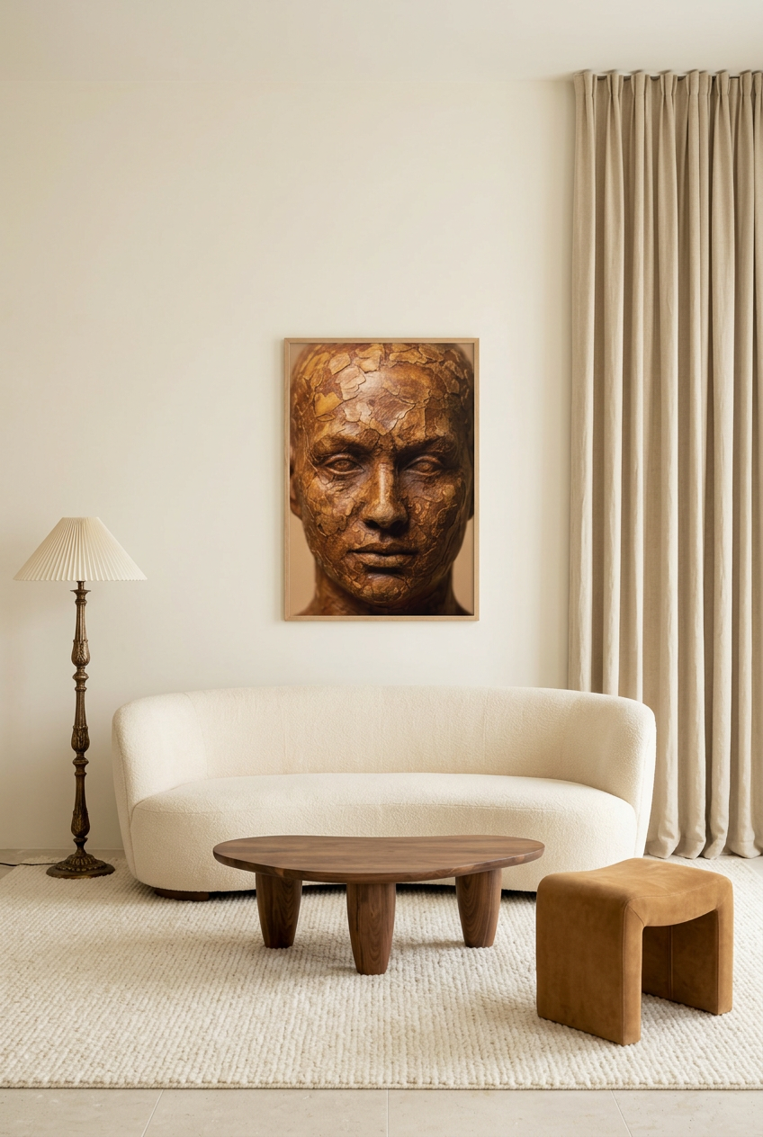 Bark Face — poster in an oak frame in a living room