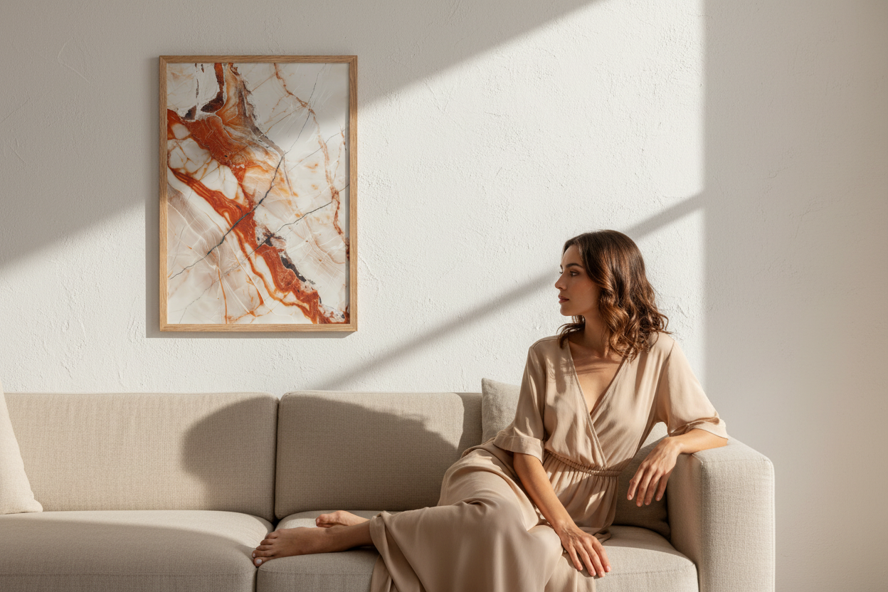 Visuel lifestyle avec affiche minérale terracotta