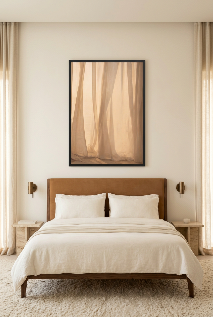 Sluier van Licht — poster in zwarte lijst boven een bed