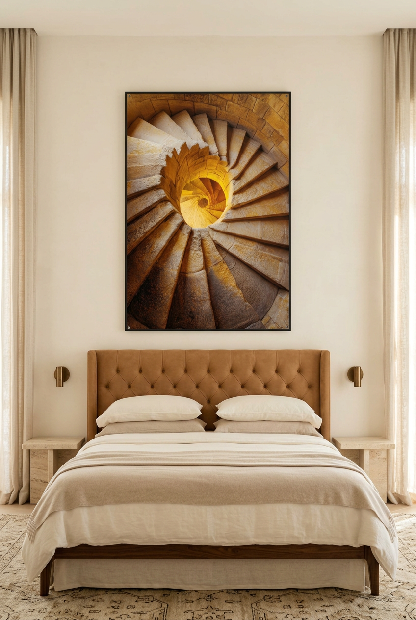 Gouden Vortex — poster in zwarte lijst in een slaapkamer