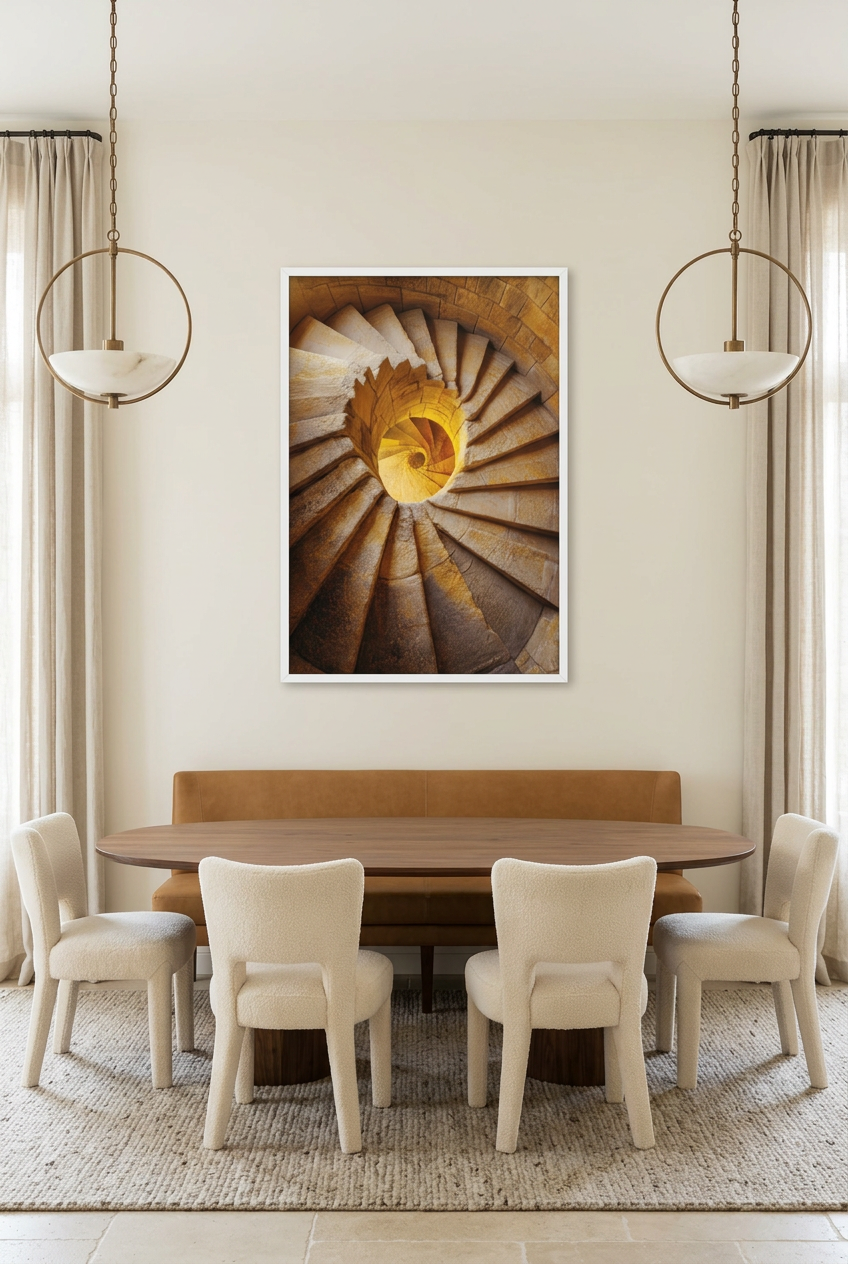 Gouden Vortex — poster in witte lijst in een eetkamer