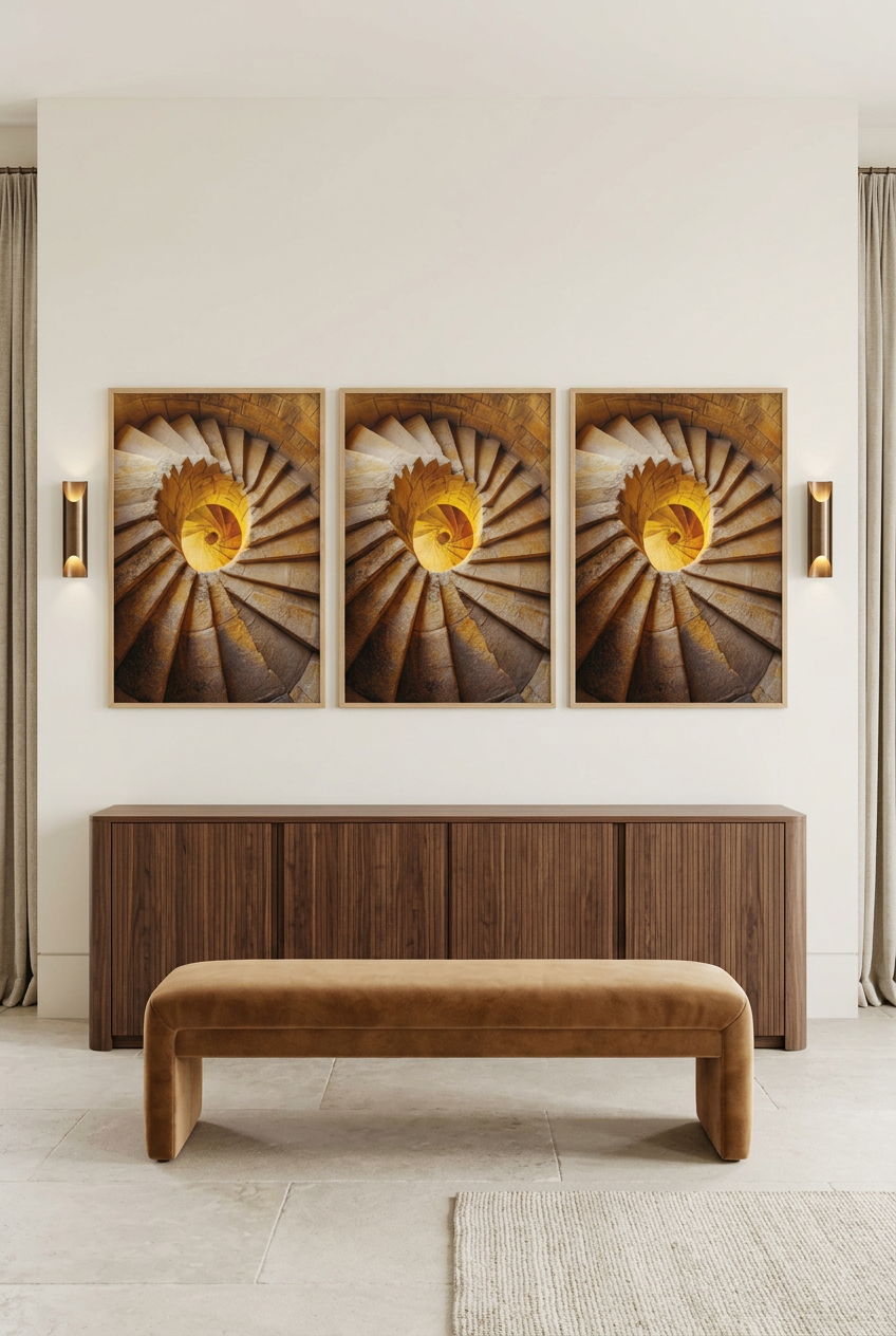 Gouden Vortex — drie formaten van de poster in eikenhouten lijst