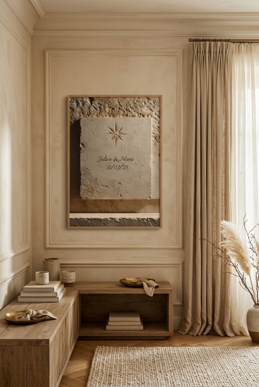 The Engraved Star — personalised wall poster: star engraved in stone with names and a date, close-up above a console