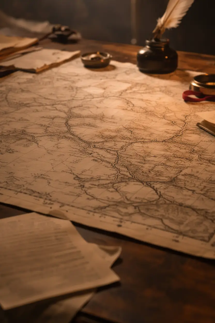 Table du Cartographe — Affiche Murale Minimaliste Ambre et Bois Lumière Intime et Cartographie Rétro — affiche murale minimaliste | Cassili-home